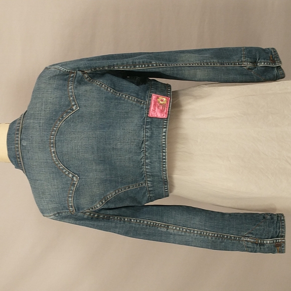 Crop Denim Jean Jacket Short sz Lg Natural Wear 44 Chest some Stretch Mid Wash - Picture 2 of 9